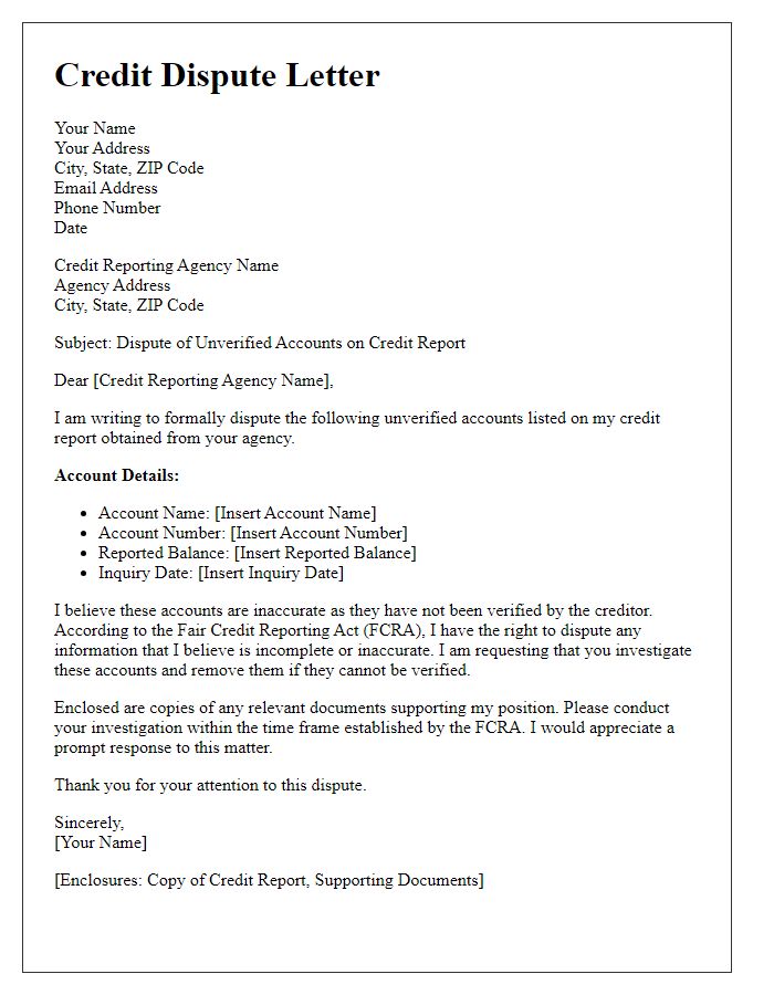 Letter template of loan credit score dispute for unverified accounts