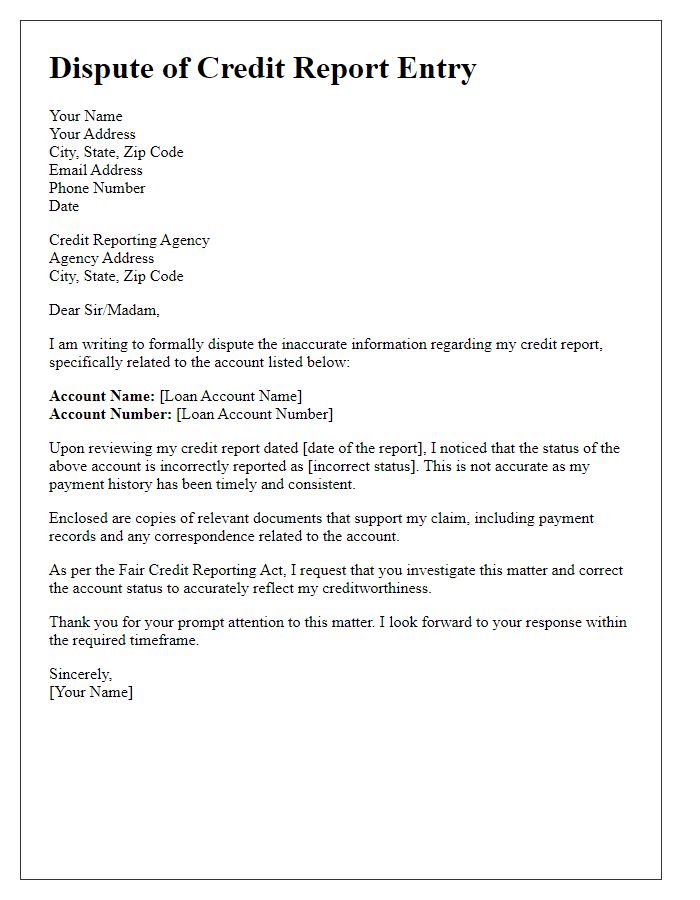 Letter template of loan credit score dispute for wrong account status