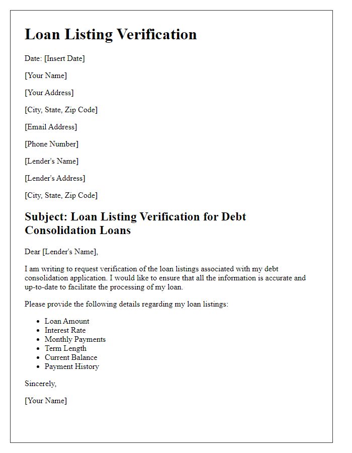 Letter template of loan listing verification for debt consolidation loans.