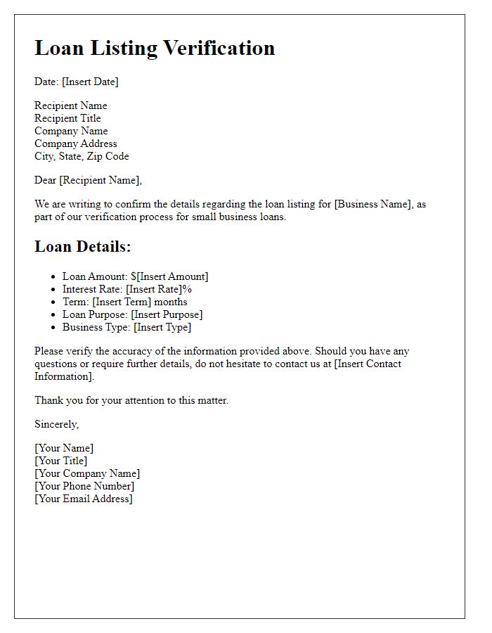 Letter template of loan listing verification for small business loans.