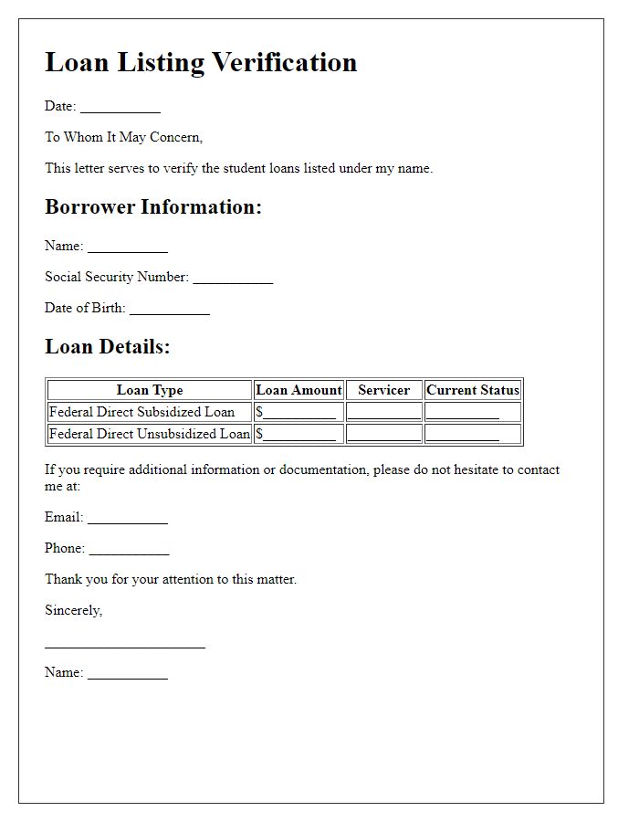 Letter template of loan listing verification for student loans.