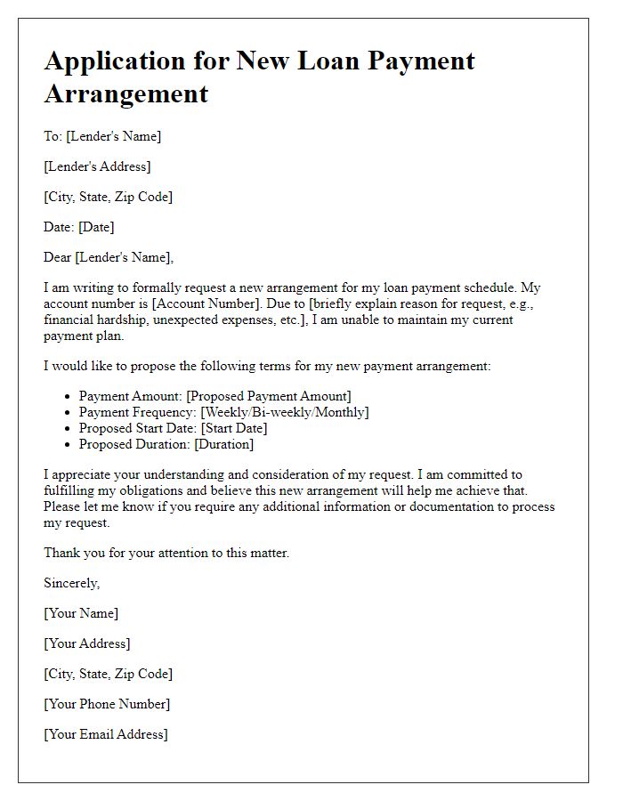 Letter template of application for new loan payment arrangement