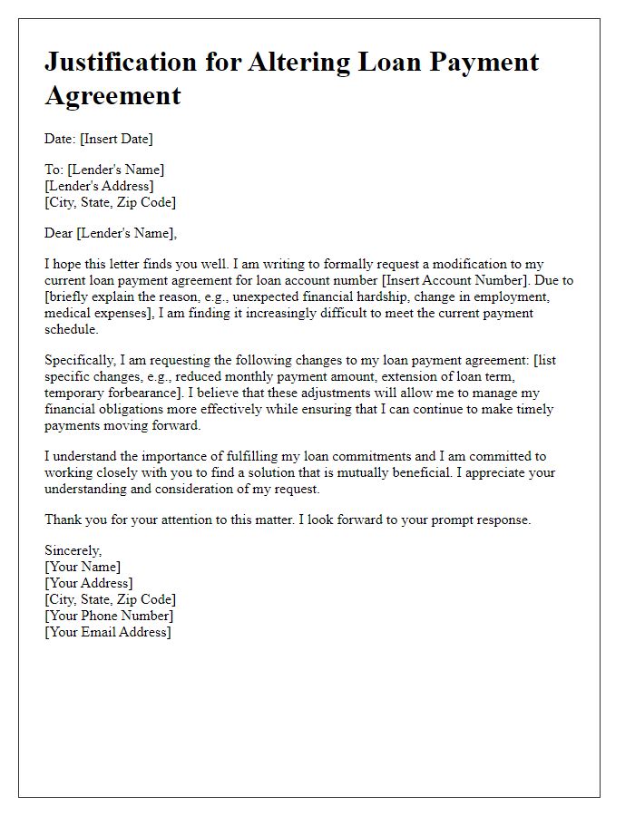 Letter template of justification for altering loan payment agreement