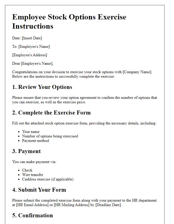 Letter template of employee stock options exercise instructions