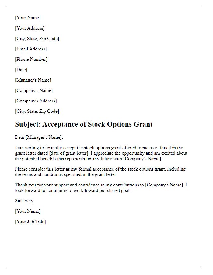 Letter template of employee stock options grant acceptance