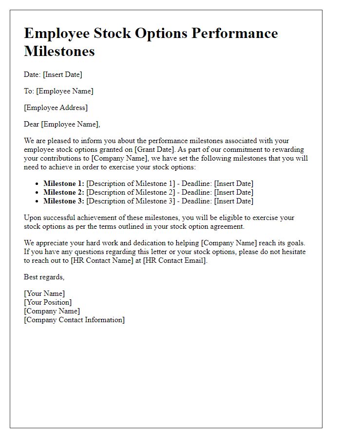 Letter template of employee stock options performance milestones