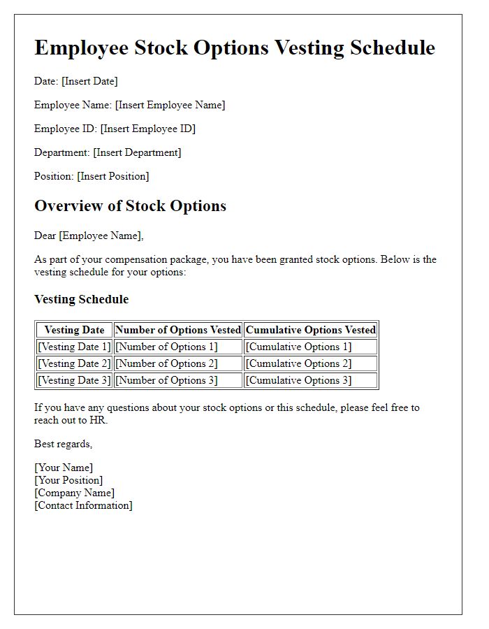 Letter template of employee stock options vesting schedule