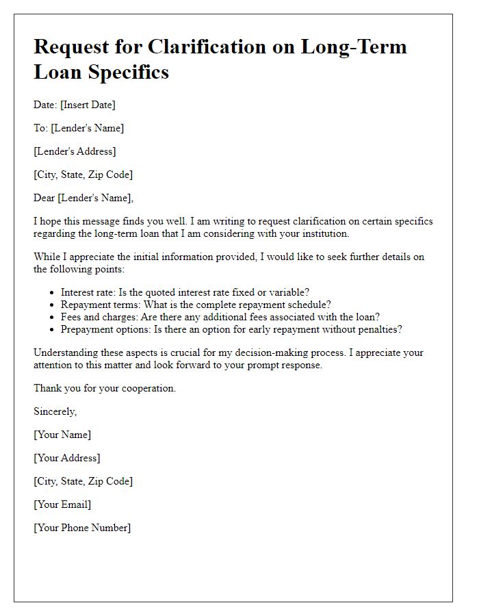 Letter template of clarification request for long-term loan specifics