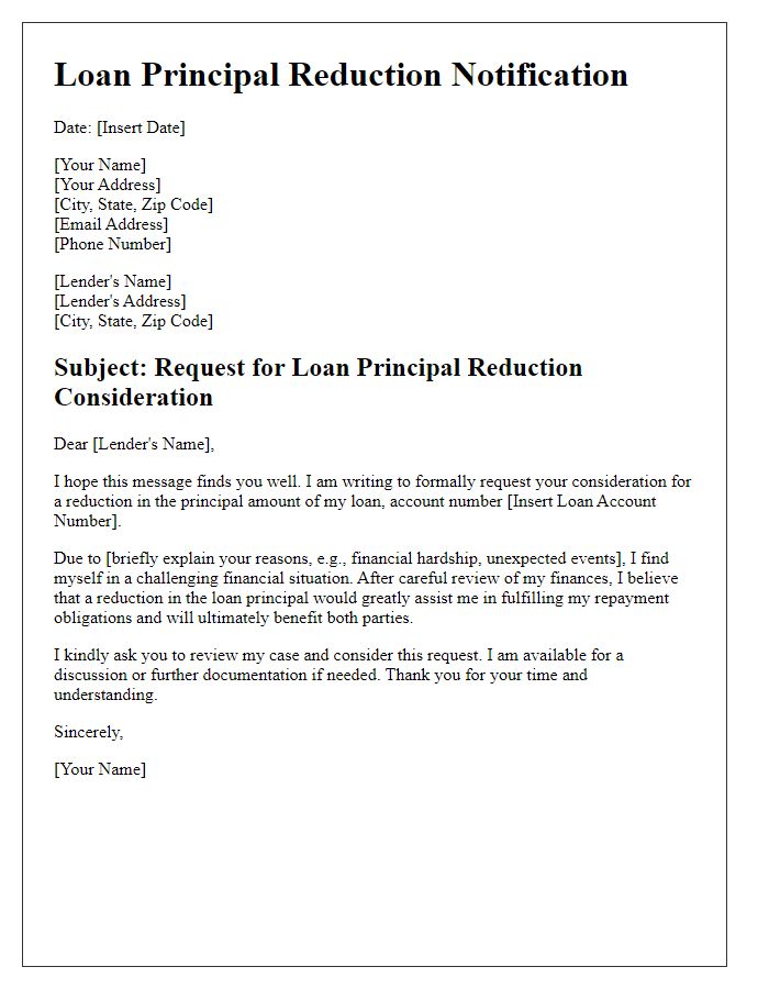 Letter template of notification for loan principal reduction consideration