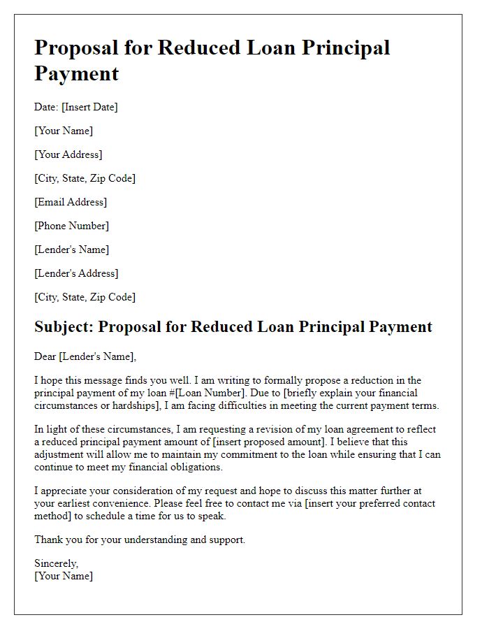 Letter template of proposal for reduced loan principal payment