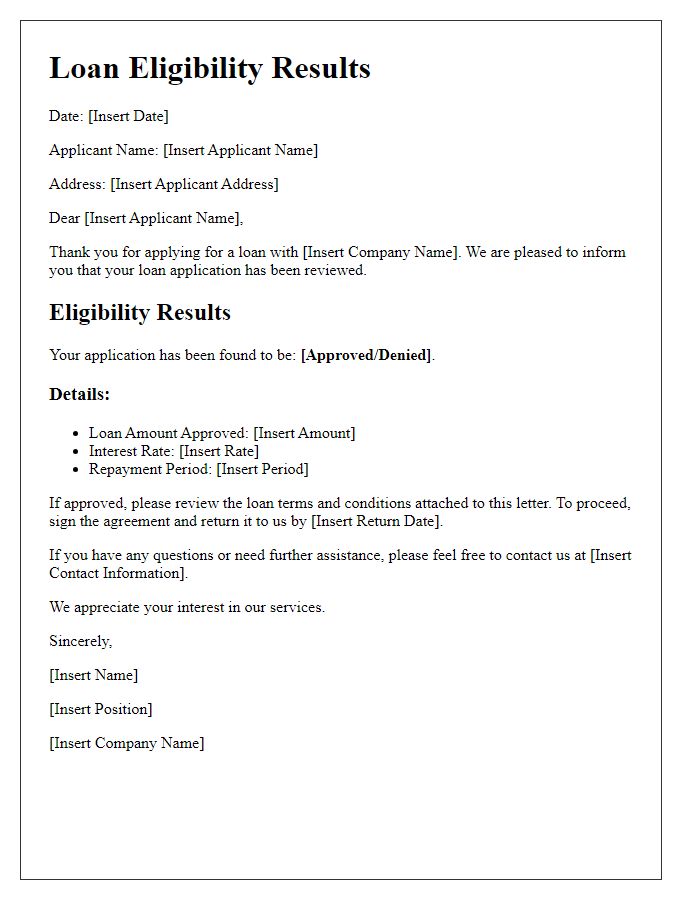 Letter template of loan eligibility results for new applicants