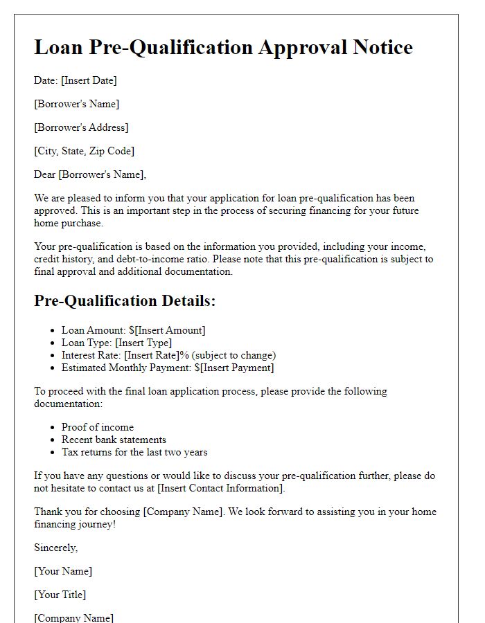 Letter template of loan pre-qualification approval notice