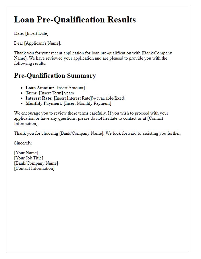 Letter template of loan pre-qualification results