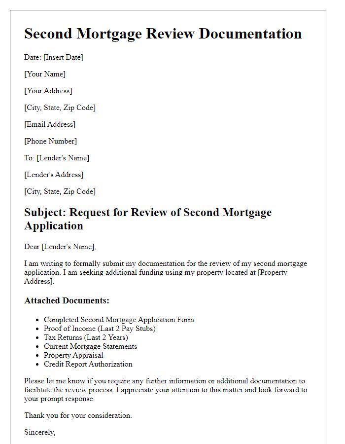 Letter template of documentation for a second mortgage review