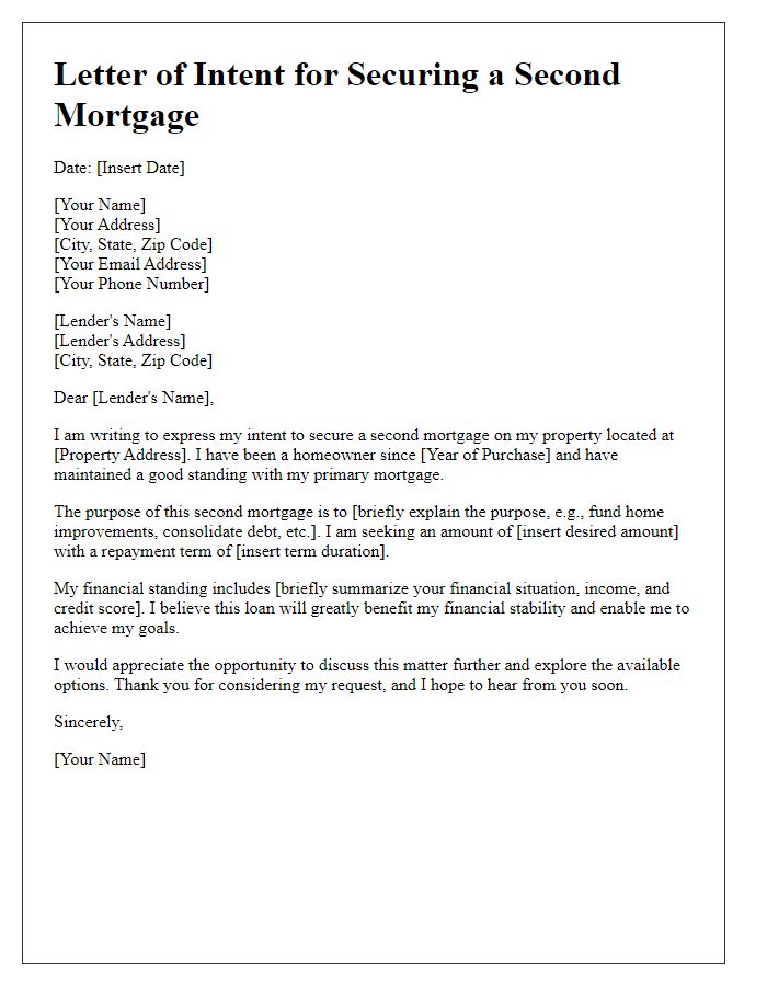 Letter template of intent for securing a second mortgage