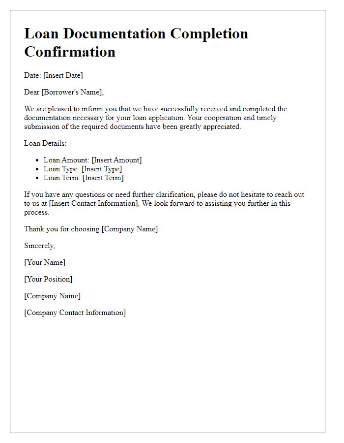 Letter template of loan documentation completion confirmation