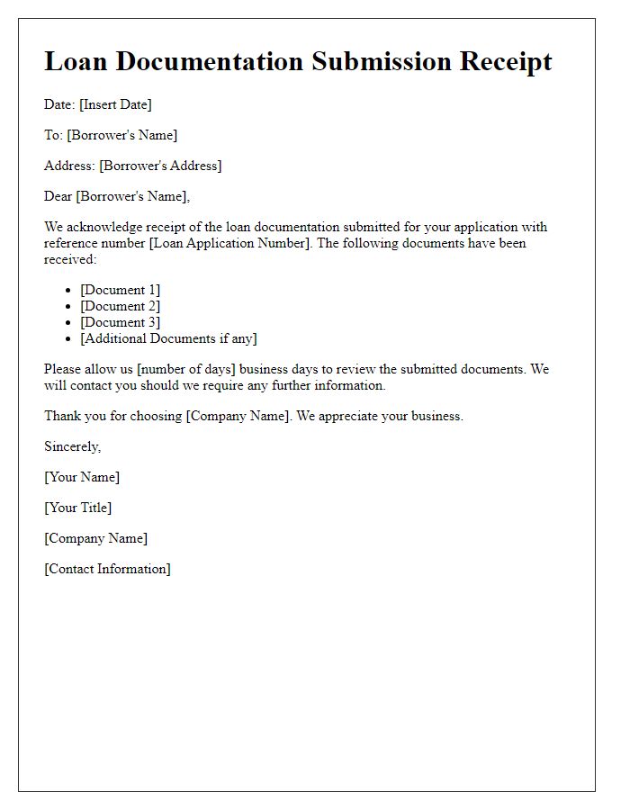 Letter template of loan documentation submission receipt