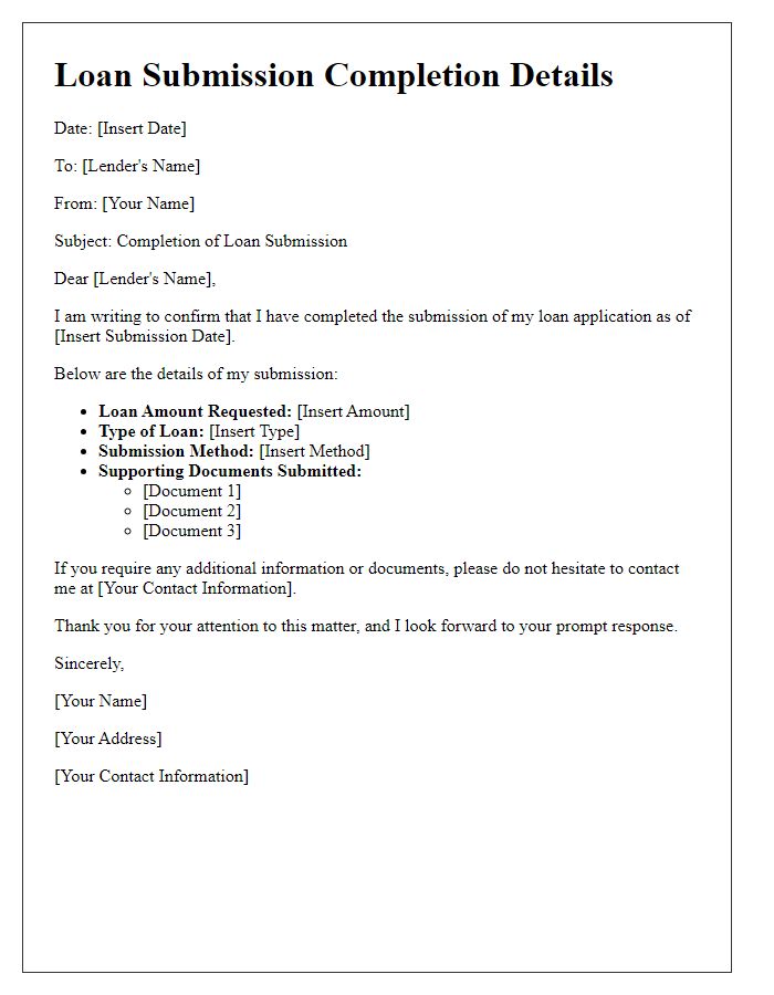 Letter template of loan submission completion details