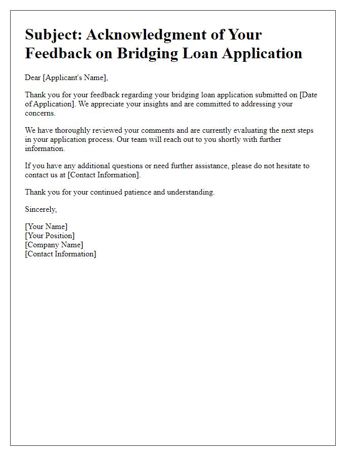 Letter template of acknowledgment for bridging loan application feedback