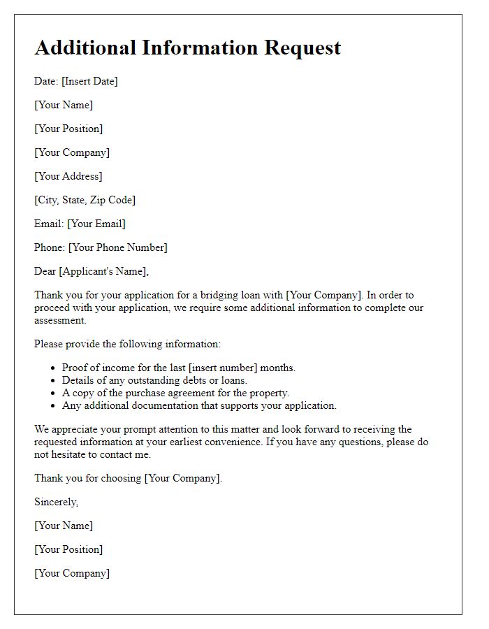 Letter template of additional information request for bridging loan application