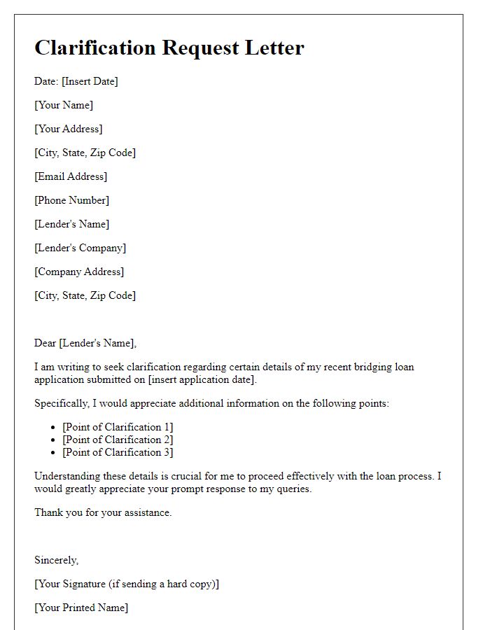 Letter template of clarification request for bridging loan application details