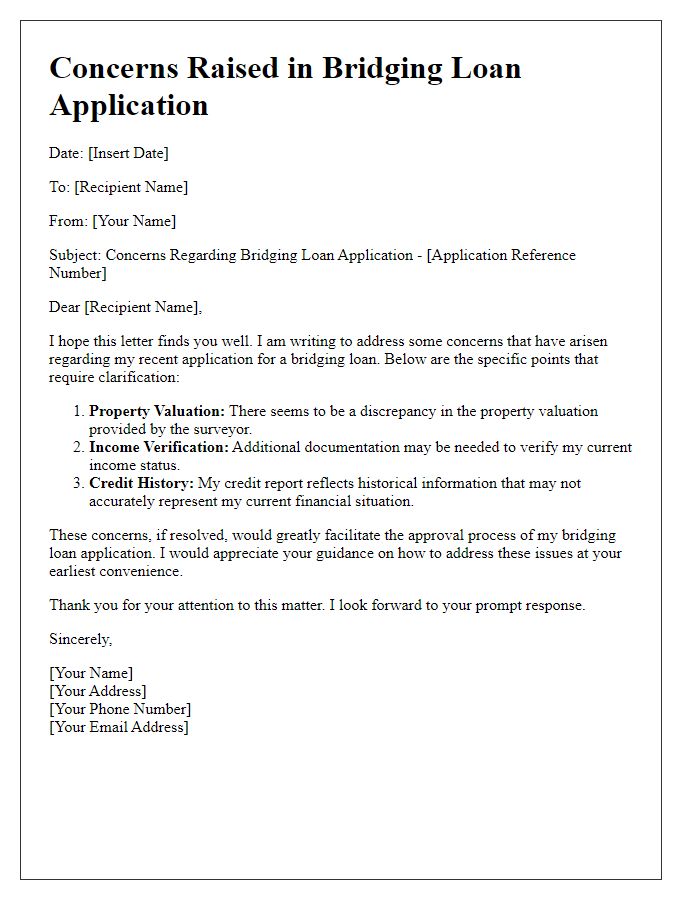 Letter template of concerns raised in bridging loan application response