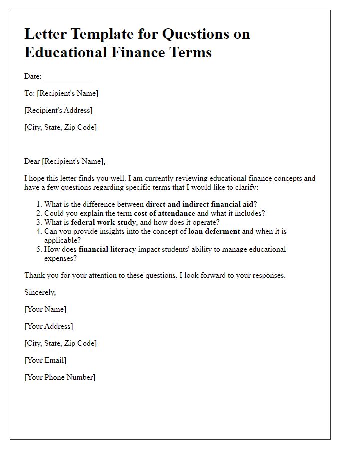 Letter template of questions related to educational finance terms