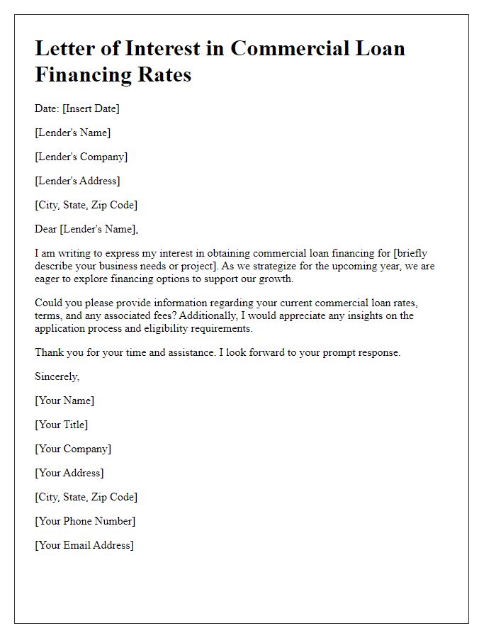 Letter template of interest in commercial loan financing rates