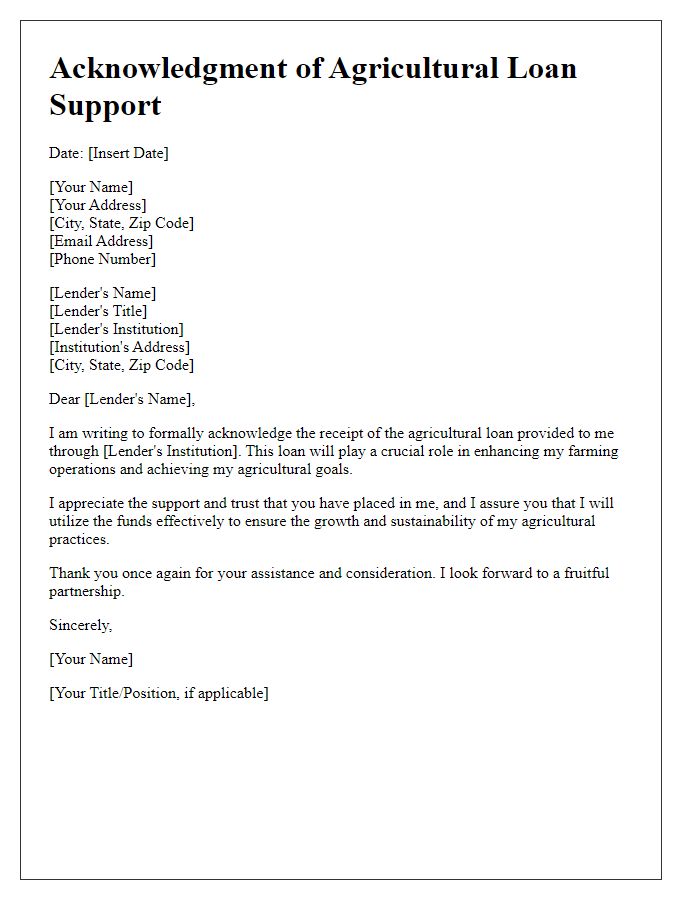 Letter template of agricultural loan support acknowledgment