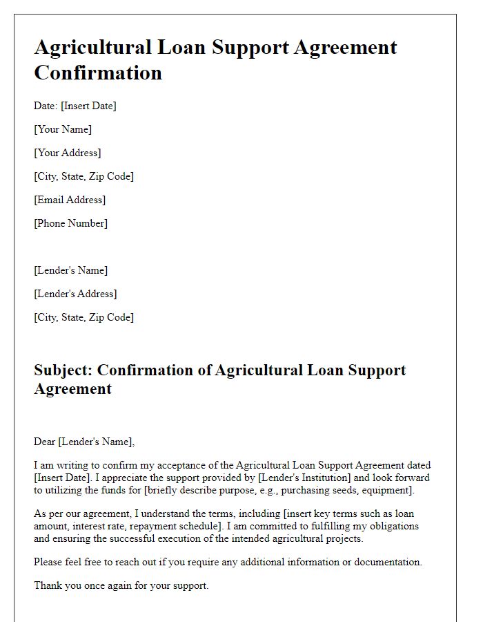 Letter template of agricultural loan support agreement confirmation