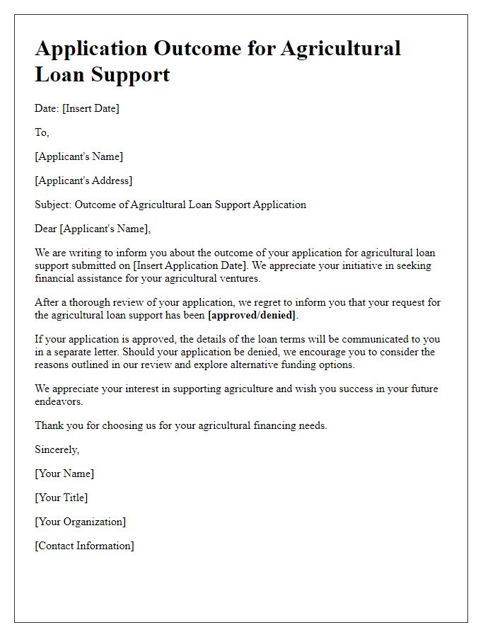 Letter template of agricultural loan support application outcome