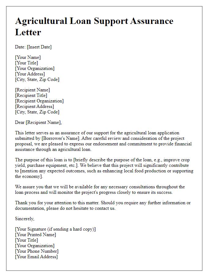 Letter template of agricultural loan support assurance letter