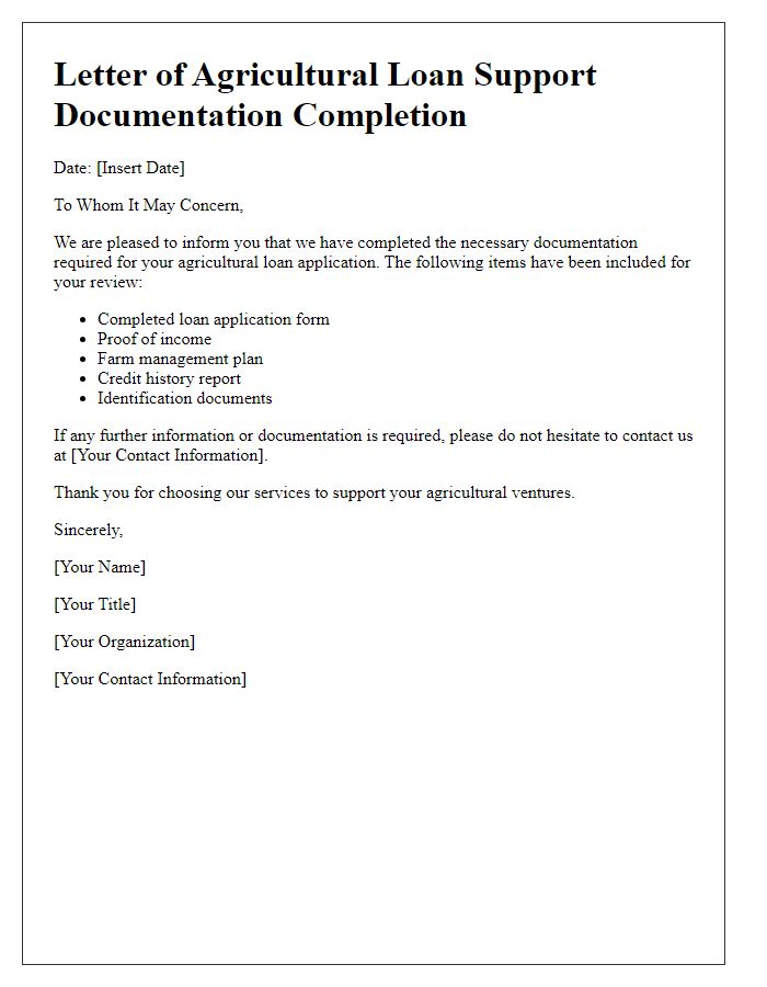 Letter template of agricultural loan support documentation completion