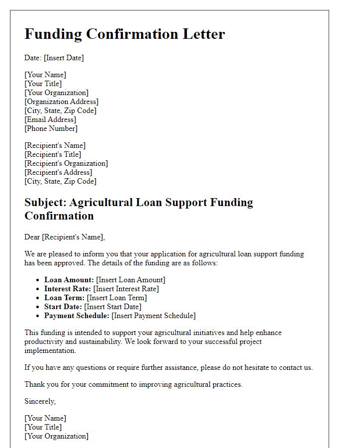 Letter template of agricultural loan support funding confirmation