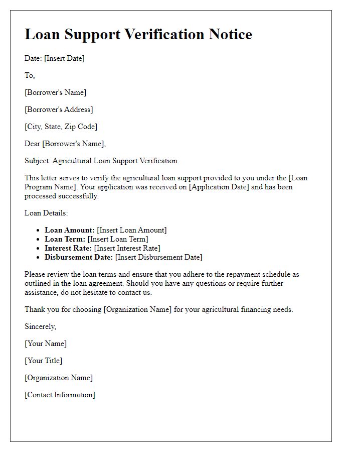 Letter template of agricultural loan support verification notice