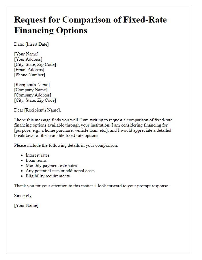 Letter template of fixed-rate financing options comparison request