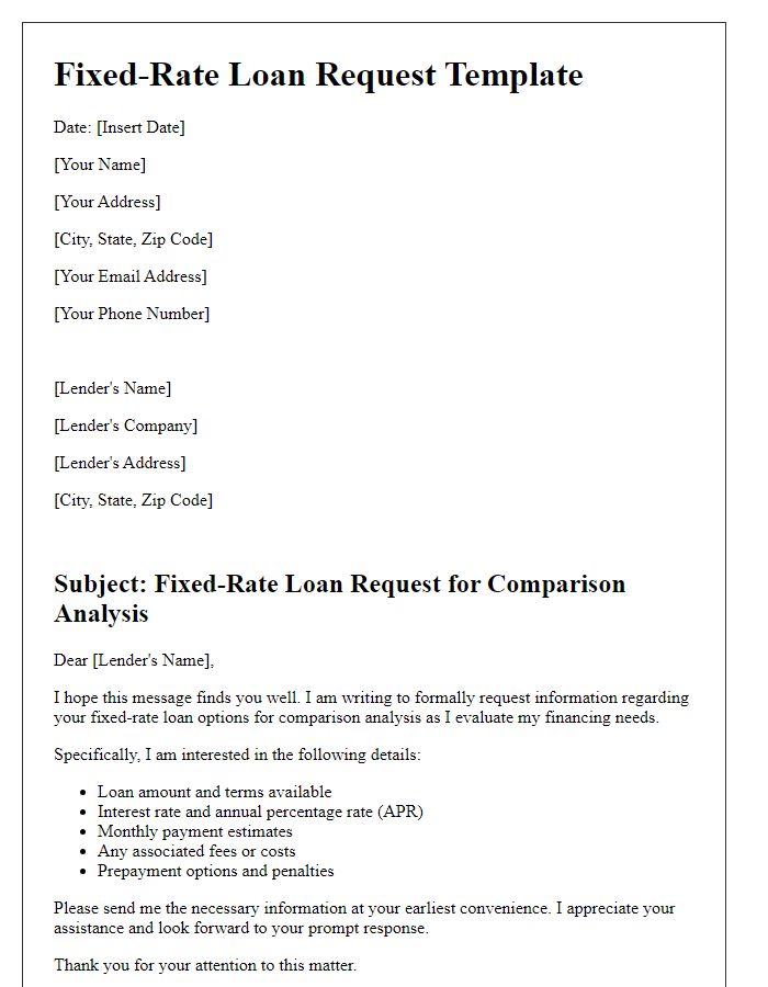 Letter template of fixed-rate loan request for comparison analysis