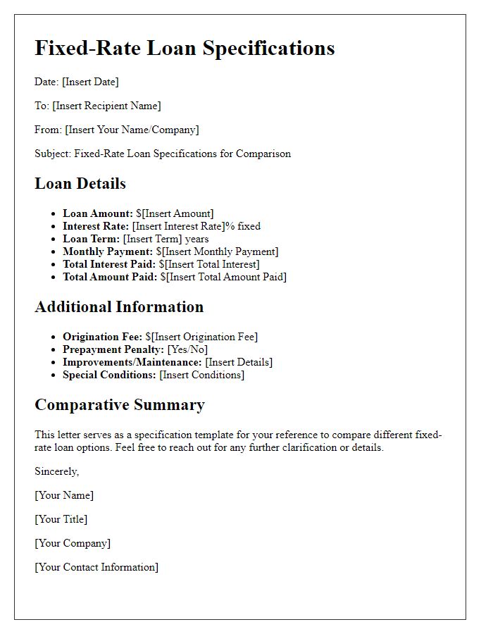 Letter template of fixed-rate loan specifications for comparison purposes