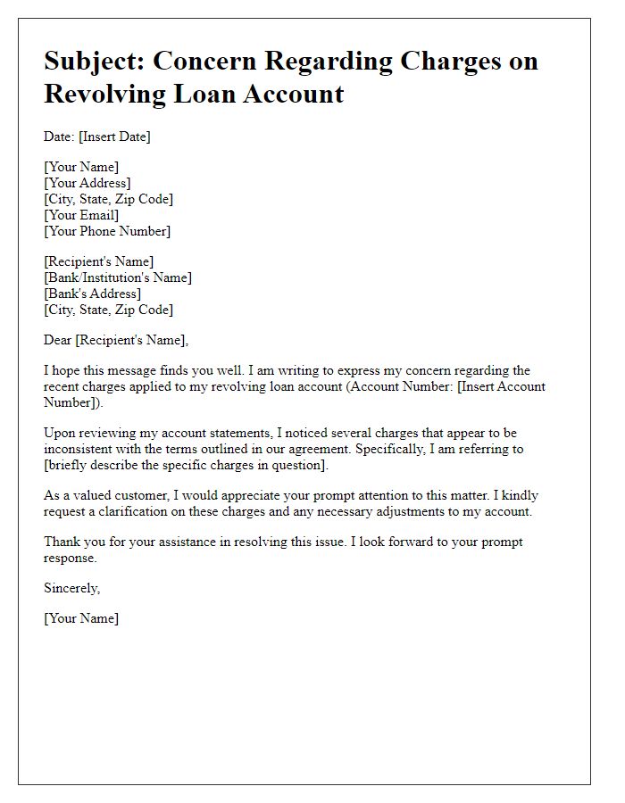 Letter template of concern about revolving loan account charges