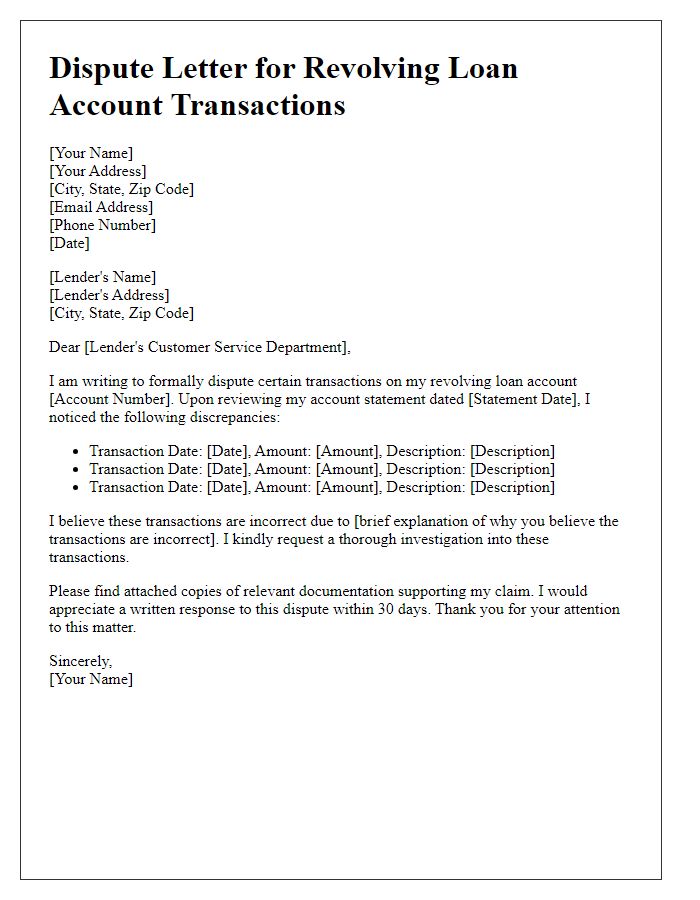 Letter template of dispute regarding revolving loan account transactions