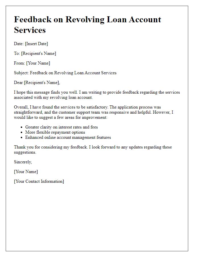 Letter template of feedback on revolving loan account services