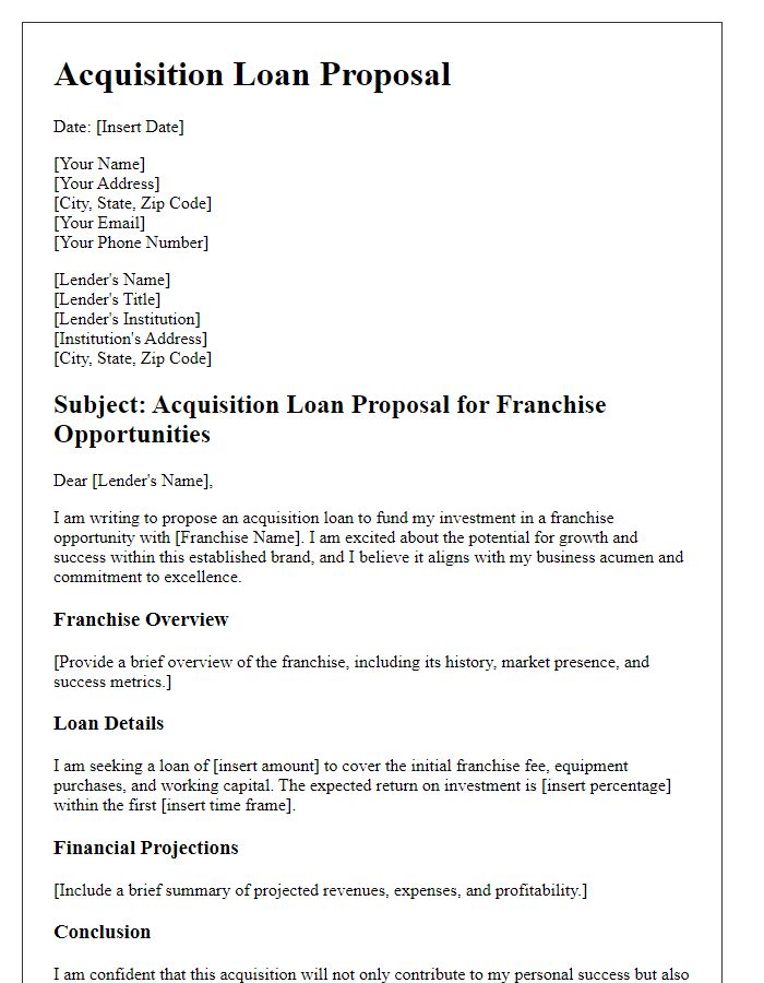 Letter template of acquisition loan proposal for franchise opportunities