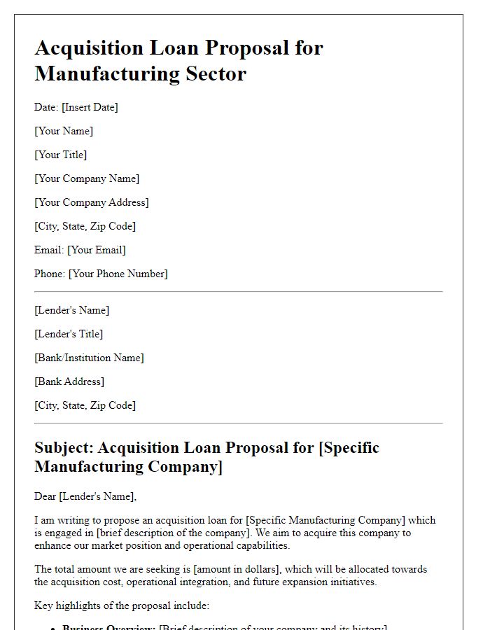 Letter template of acquisition loan proposal for manufacturing sectors