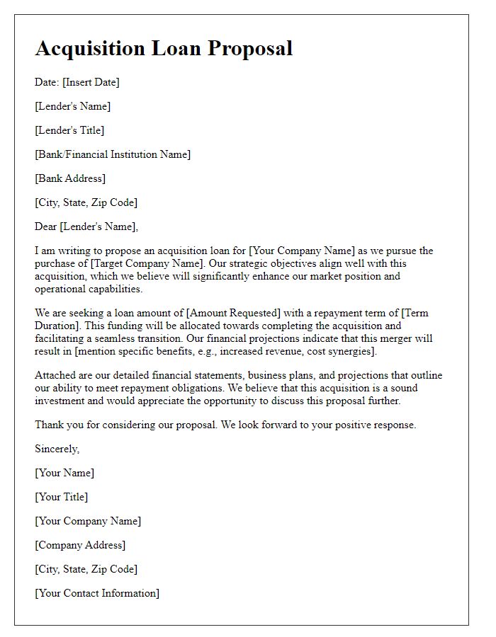 Letter template of acquisition loan proposal for mergers and acquisitions