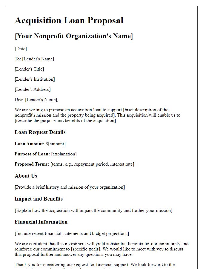 Letter template of acquisition loan proposal for nonprofit organizations