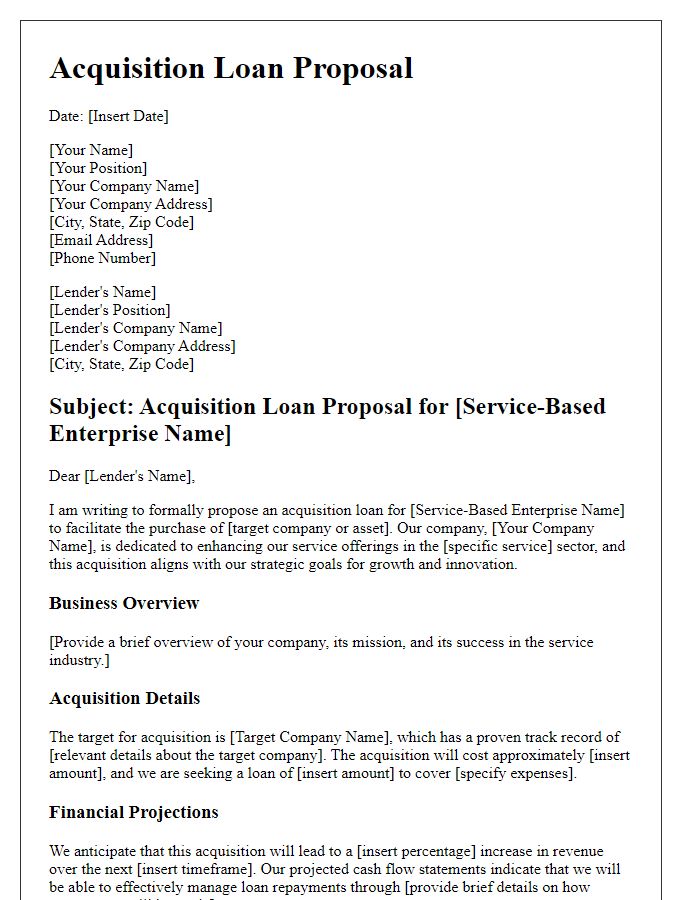 Letter template of acquisition loan proposal for service-based enterprises