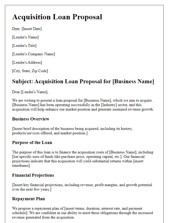 Letter template of acquisition loan proposal for small businesses