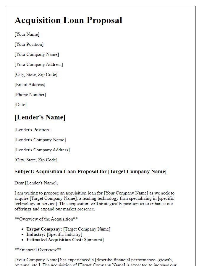 Letter template of acquisition loan proposal for technology companies