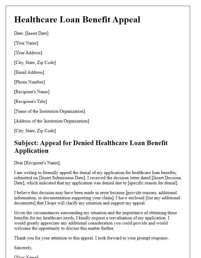 Letter template of healthcare loan benefit appeal for denied applications.