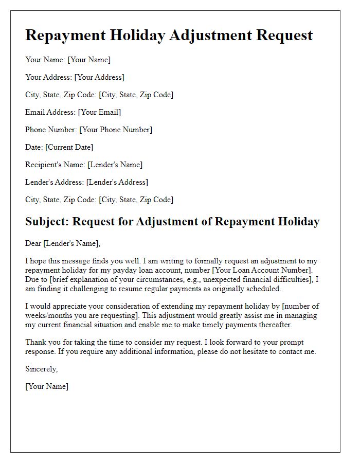 Letter template of repayment holiday adjustment request for payday loan.